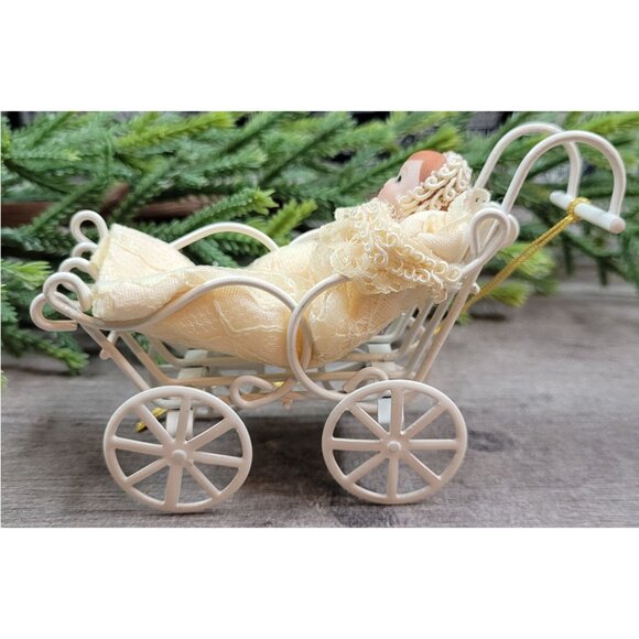 Vintage Dollhouse Bisque Head Baby In Victorian Stroller Christmas Ornament - Picture 2 of 12